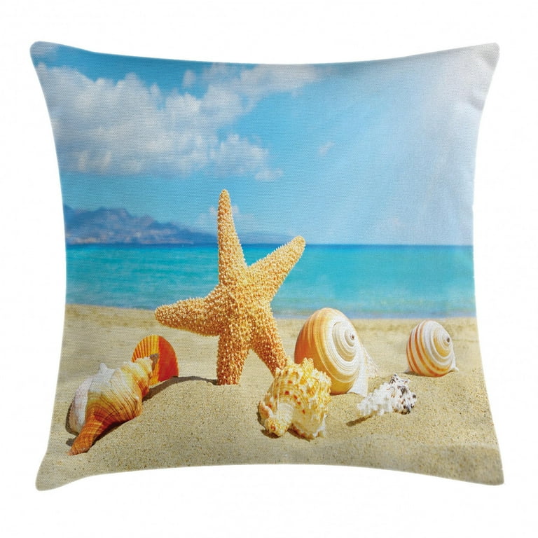Ambesonne Seashells Throw Pillow Cushion Cover Summer Beach Theme and Sand with Rays in The Sky Clouds Seaside Marine Decorative Square Accent Pillow Case 28