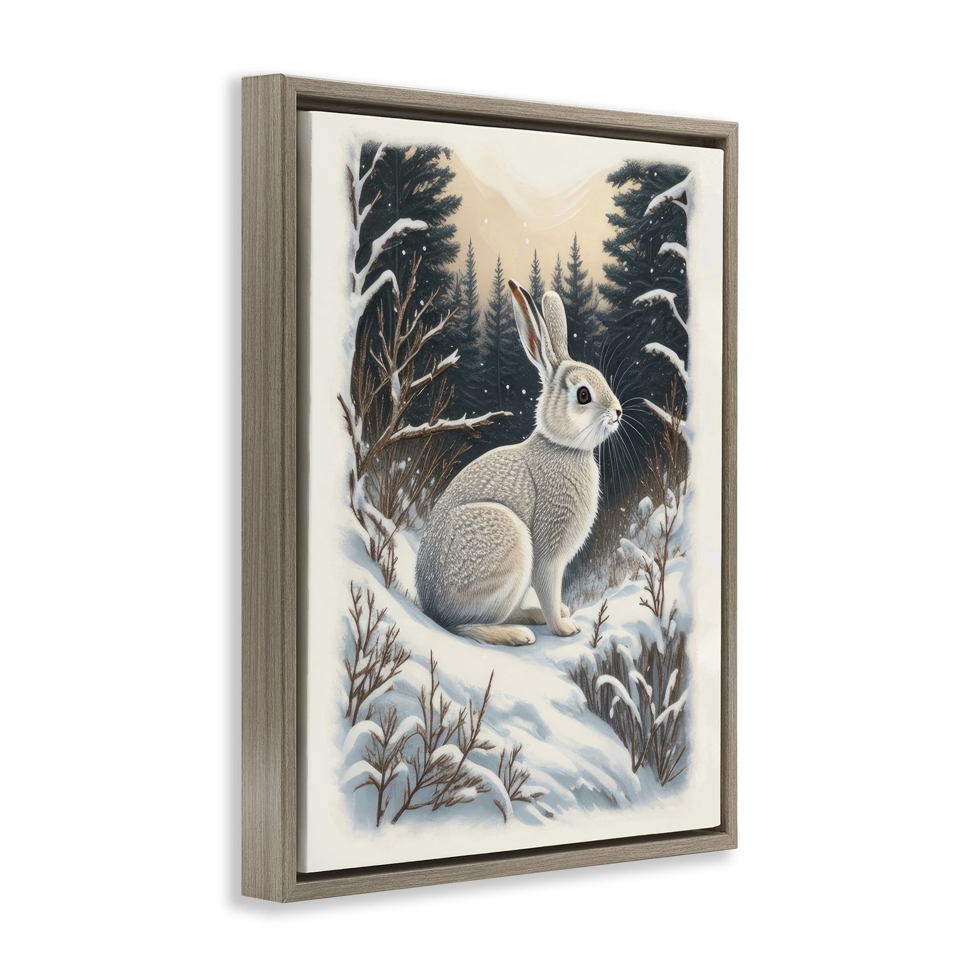 Stupell Industries Rabbit in Winter Forest Animals & Insects Painting Brown Floater Framed Canvas Art Print Wall Art, 25 x 31