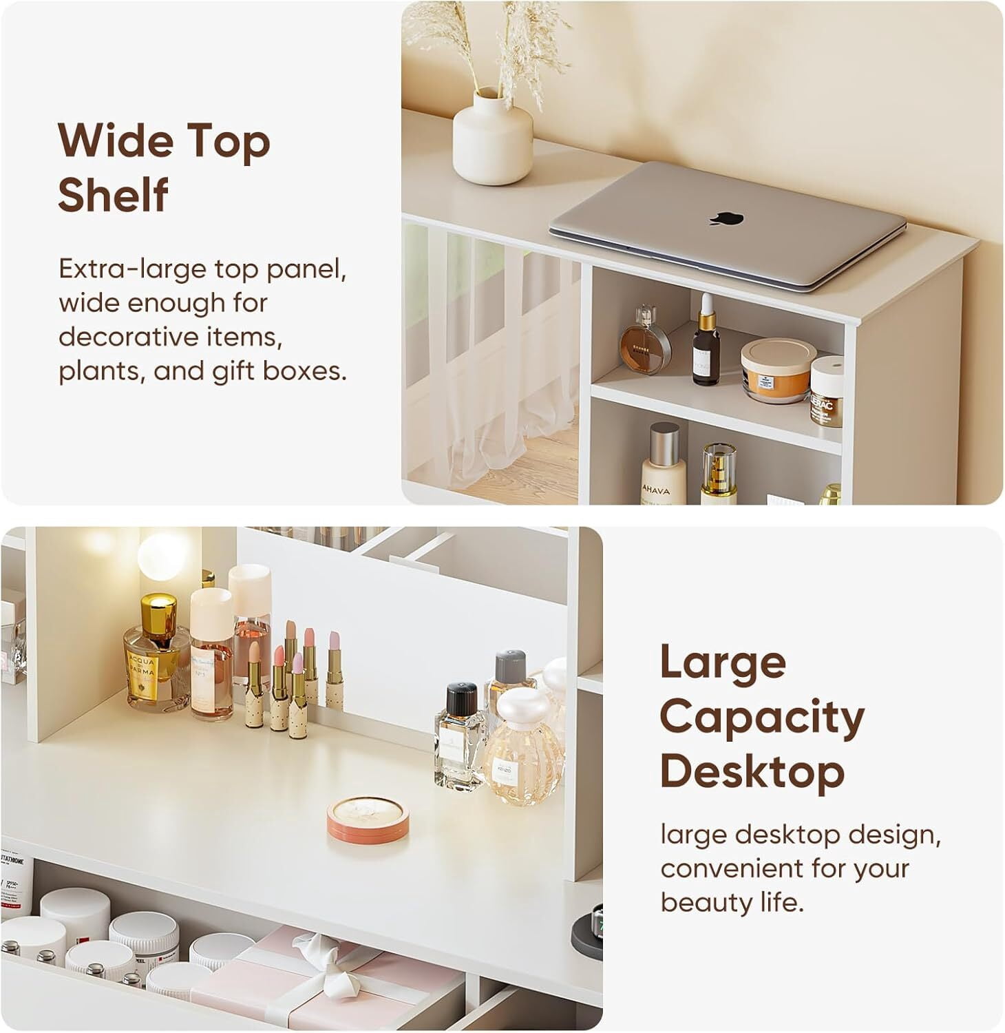 Raffle Pinker 47.2" Vanity Desk with Lighted Mirror and Charging Station, Makeup Vanity with 3 Colors Arched Window Cabinet, 8 Shelves, 3 Drawers, White Vanity Table Dressing Table for Bedroom