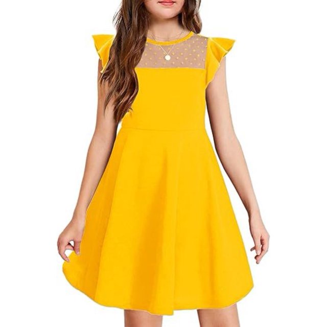 Robe Fille Été Manches à Volants en Maille Décontractée Robes de Fête avec Poches pour Enfants