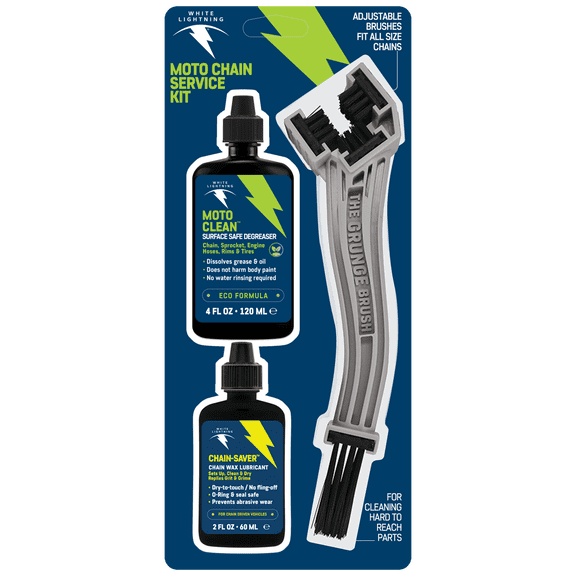 White Lightning Moto Chain Service Kit - Grunge Brush   Chain-Saver 2oz   Moto Clean 4oz for Motorcycles