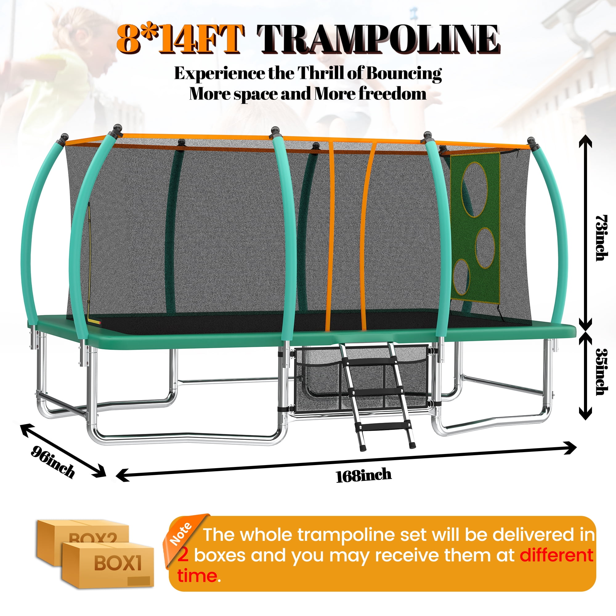 Leumius 8x14ft Large Rectangle Trampoline for Kids and Adults,Outdoor Recreational Gymnastics Trampoline with Enclosure Net,Heavy-Duty Galvanized Steel Frame Yard Trampolines,Green