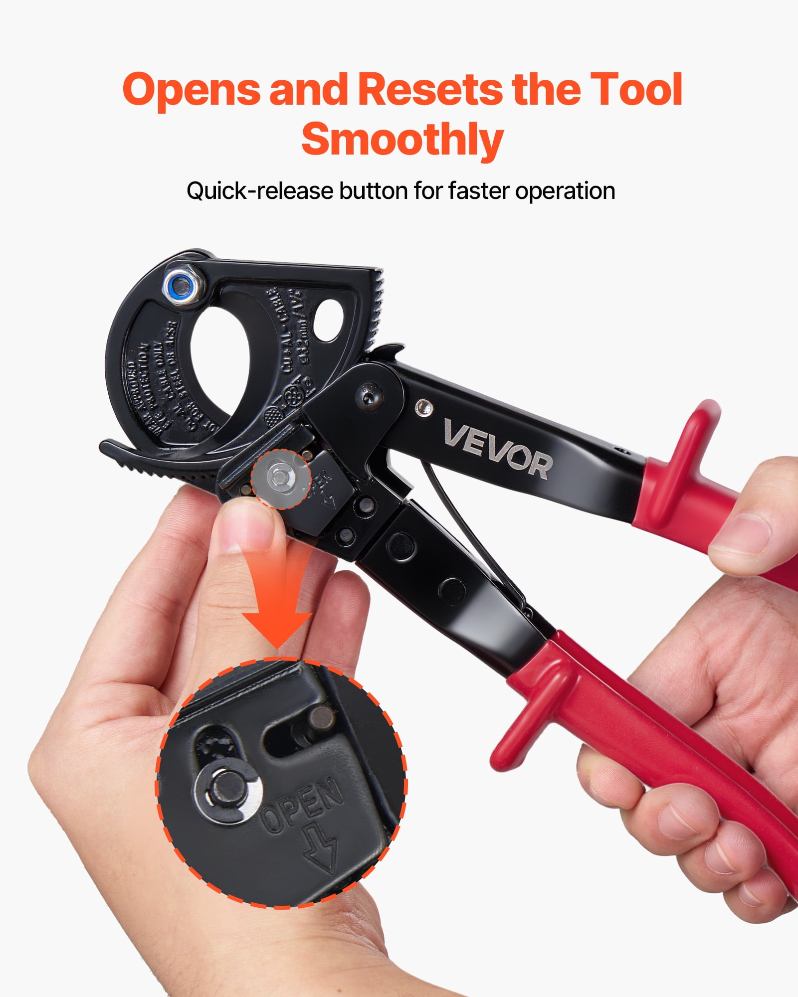 VEVOR Ratcheting Cable Cutter, Spring Steel Blades with PVC-Coated Handles, Quick-Release Button, Heavy Duty Ratchet Cable Wire Cutter for Cutting Copper & Aluminum Cables Up to 474 MCM / 240 mm²