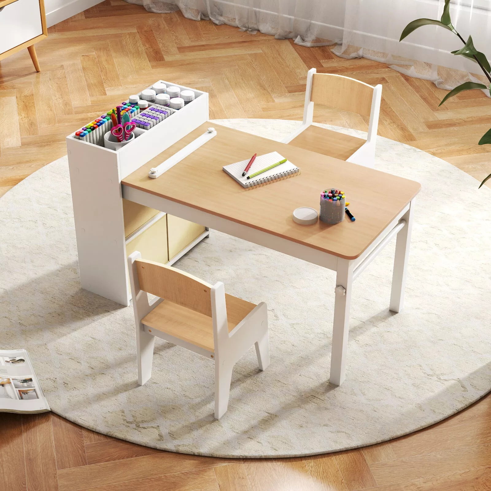 Auranook Kids Art Table and Chairs Set, Drawing Table with 2 Chairs, Storage Compartments & Open Shelves, 4 Fabric Bins