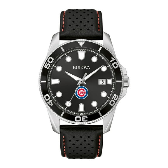 Men's Bulova Black Chicago Cubs Sport Leather Strap Watch