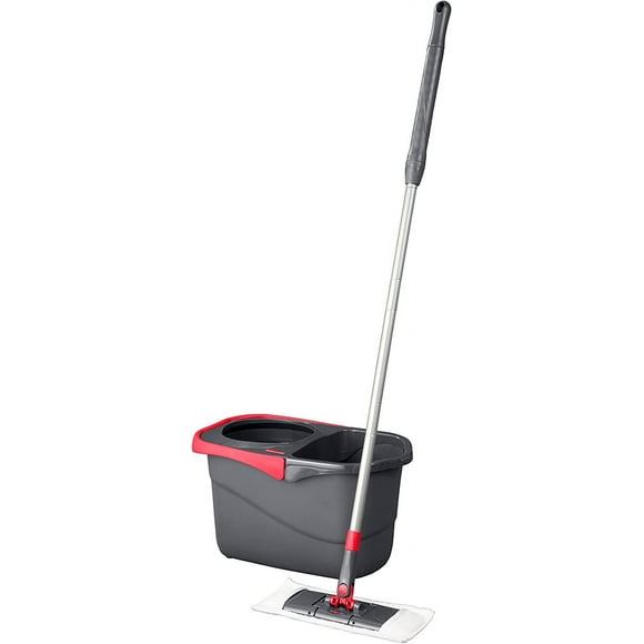 Rubbermaid Microfiber Flat Spin Mop Floor Cleaning System with Wringer Bucket, Red, Flat Floor Mop for Hardwood/Laminate/Vinyl/Tile/Stone Floors