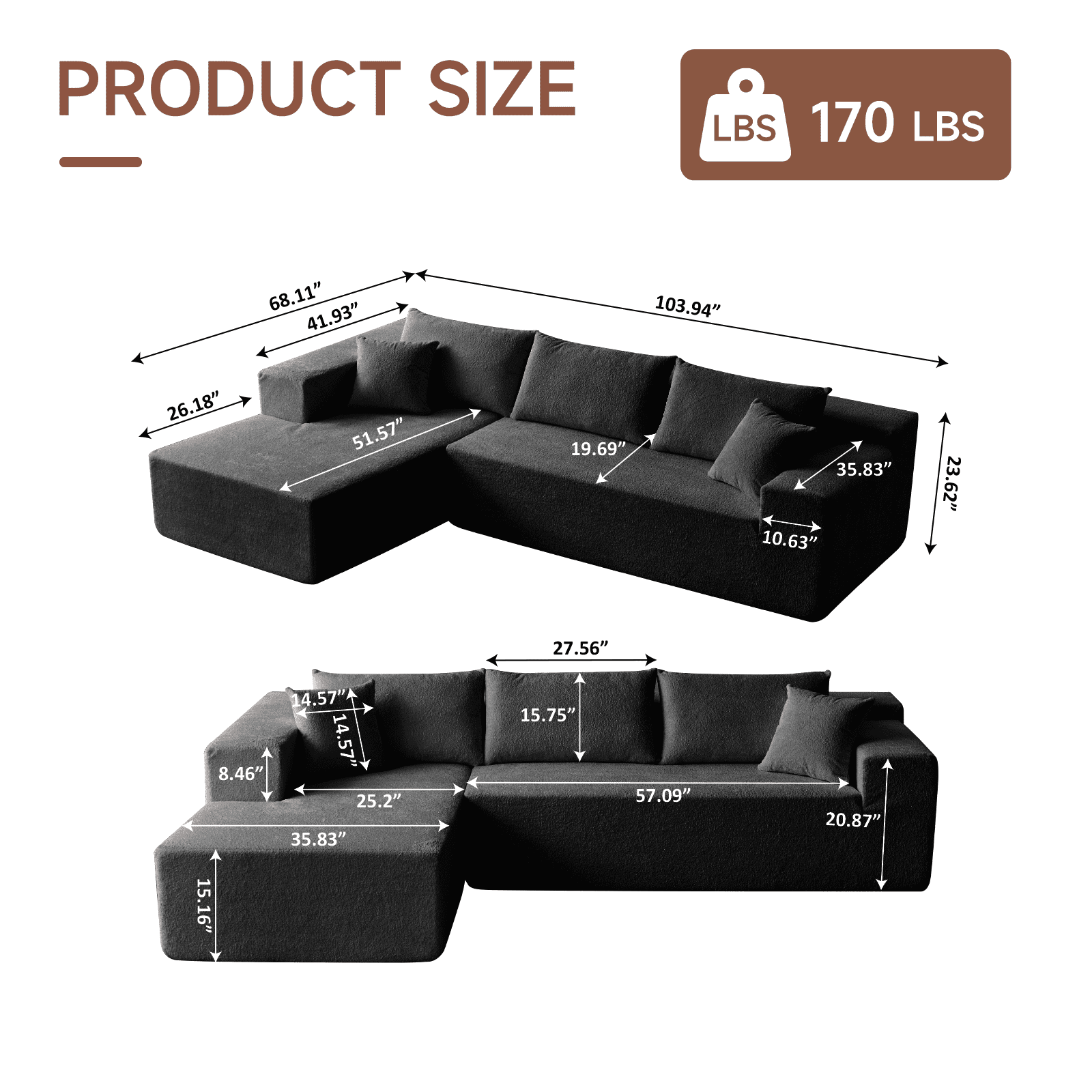 104" Sectional Sofa, L-Shaped Modern Modular High-Density Sponge Corner Sofa with Chaise Lounge & Pillows, Upholstered Cloud Couch for Living Room Bedroom Apartment