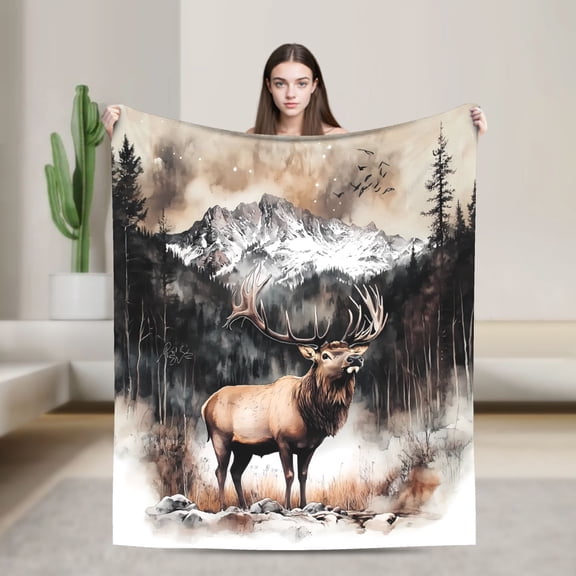 1pc Elk in Misty Forest Throw Blanket - Vintage Watercolor Wildlife design with Elk, Pine Trees & Mountains - Soft Warm Flannel-like Texture - Lightweight & Durable All-Season Indoor/Outdoor Blanket