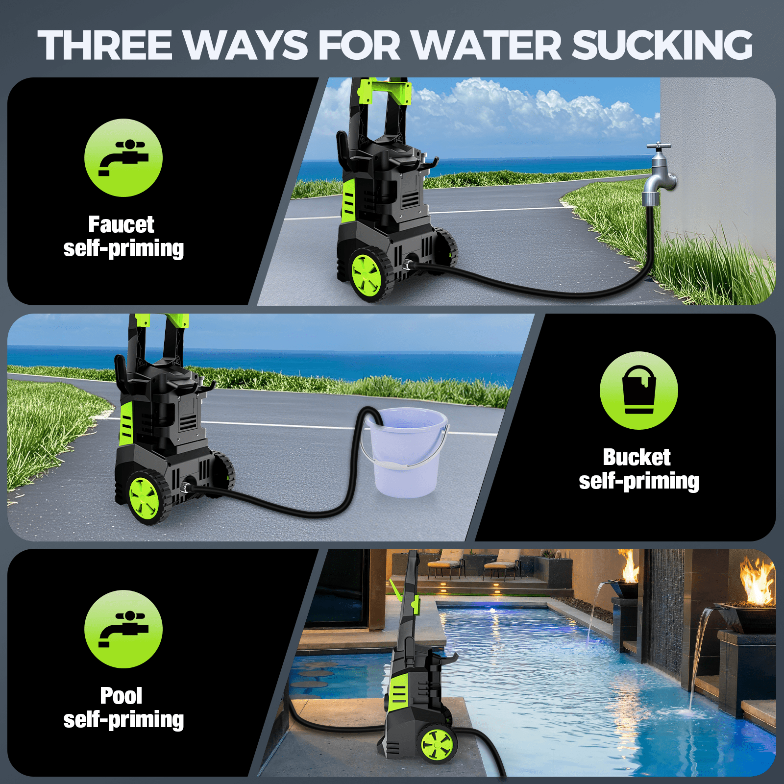 1800W Electric Pressure Washer, 5000PSI Max 3.0 GPM with 4 Nozzles, Portable High Pressure Cleaning Machine Washer with 25FT Cord, 23FT Hose, for Cars, Driveways, Fences, Patios - Green