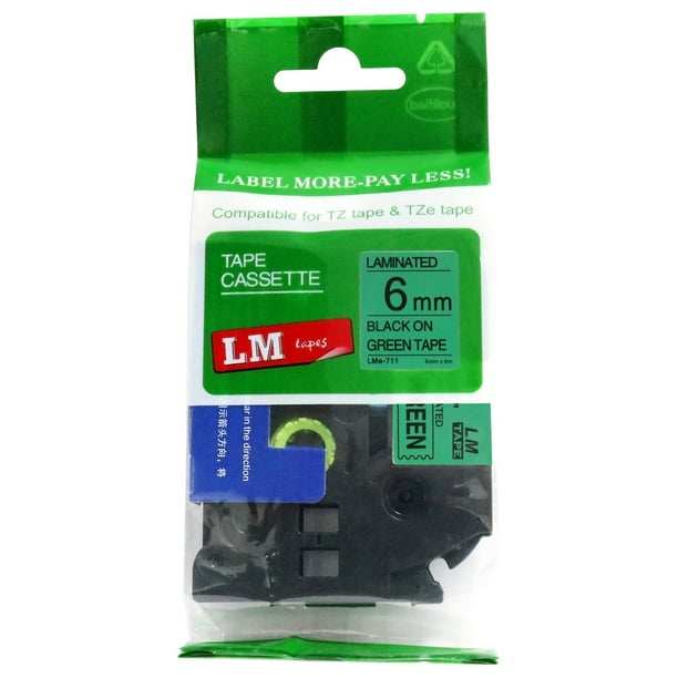 LM Tapes replacement for Brother PT-1280 Label Maker 6mm Black on Green Compatible TZe P-touch Tape (1/4