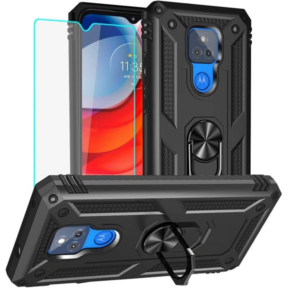 for Moto G Play 2021 Case, Moto G Play 2021 Phone Case with HD Screen Protector, Military Grade Protective Cases with Ring for Moto G Play 2021 (Black)