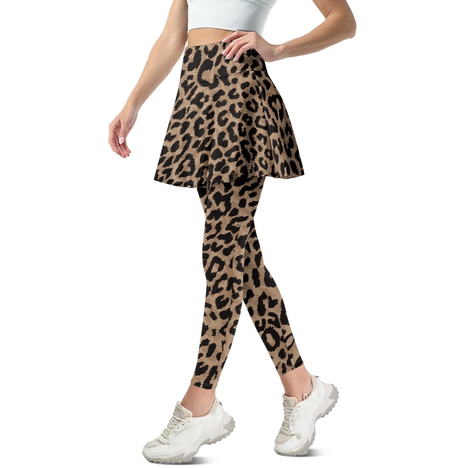Women's Leopard Print Yoga Leggings With Skirt - High Waist, Hidden Pocket, Tennis Skirt