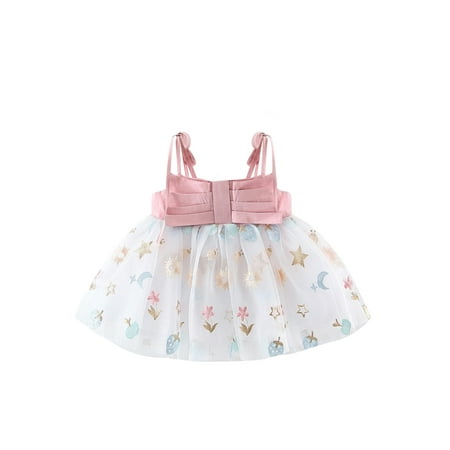 

Sweet and Cute Baby Girl Dress with Big Bowknot and Pink Flower Spaghetti Straps Embroidery Star Moon Tulle Patchwork A-line Dress for Daily Party 2023 Fashion Fairy Dresses