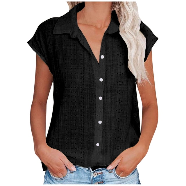 ameIAEA Women's Cap Sleeve Button Down Shirts Casual Summer Collared Blouses Solid Color Tops