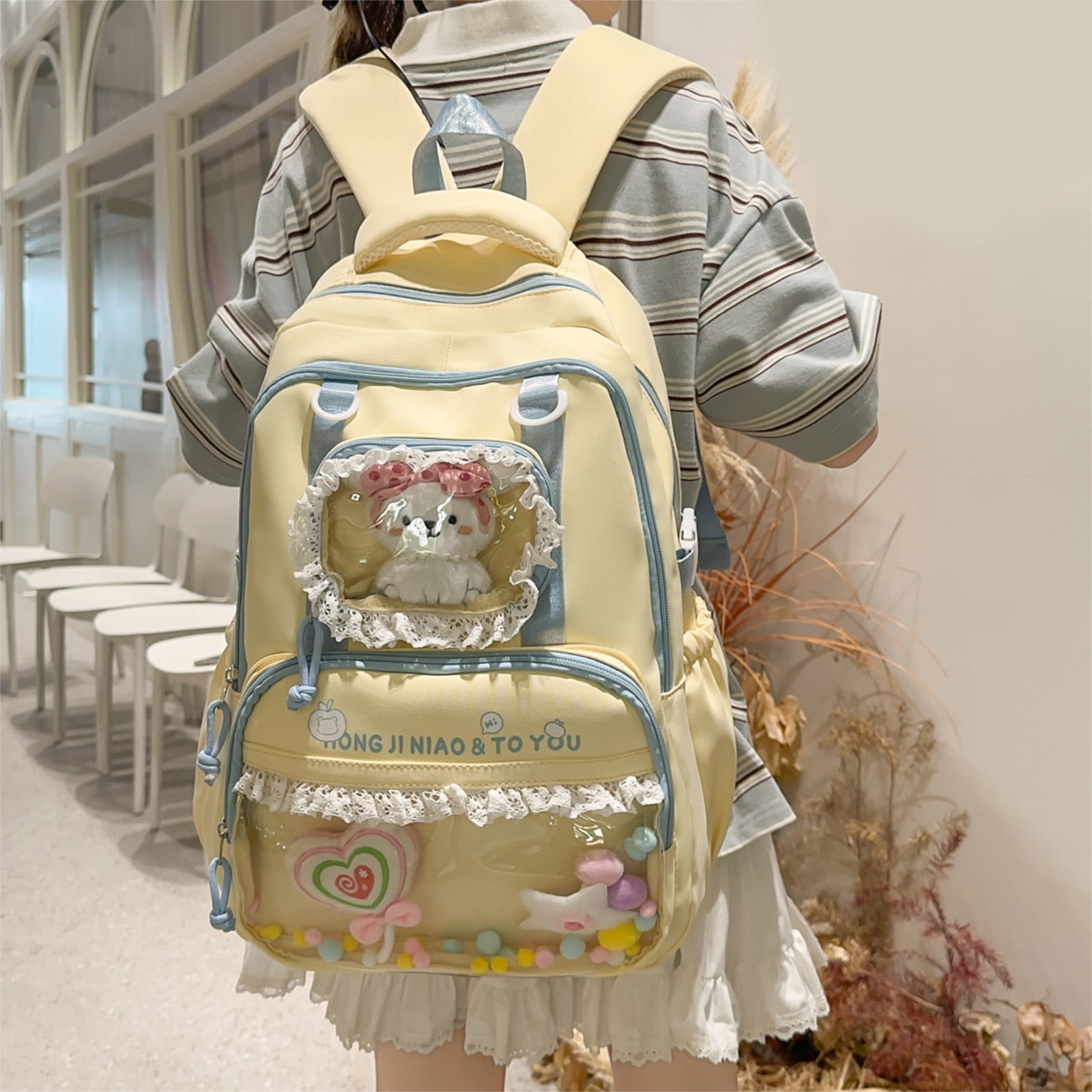 HUISZJ Ita Bag School Backpack, Multi-Layer School Bag with Doll, Large Capacity Storage Bag for Students College Travel, Yellow