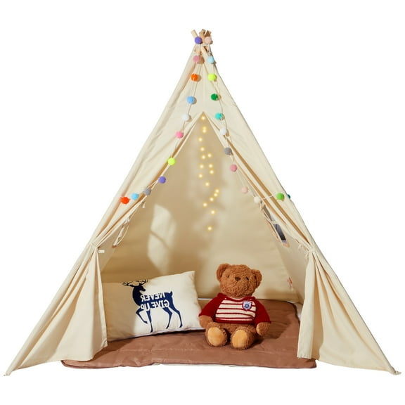 KFFKFF Children's Play Teepee, Suitable for 1-5 Year Olds, Indoor & Outdoor Kids Tent with Windows, Includes Mat & Soft Decor Balls, Boys & Girls, Beige