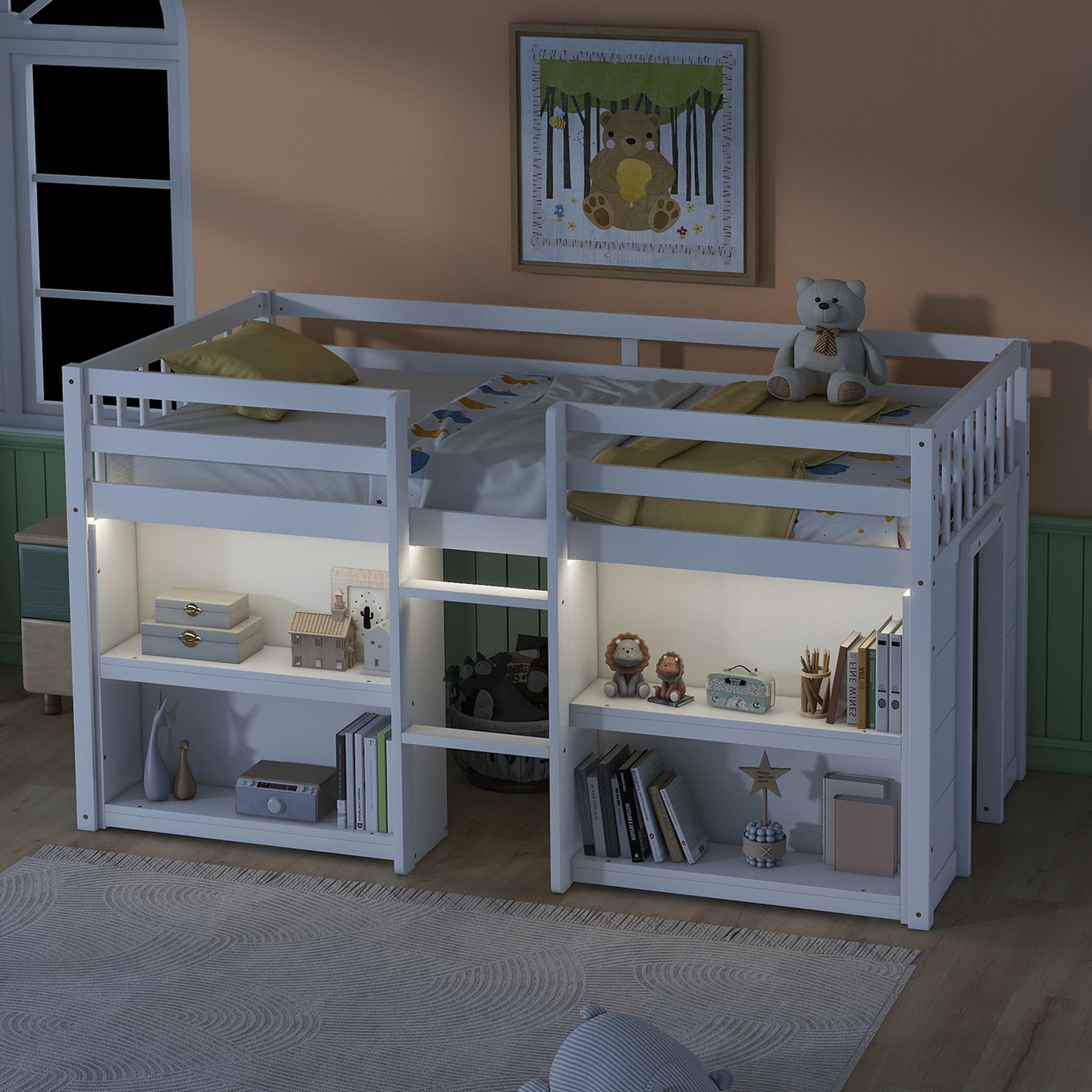 Miniyam Wood Twin Size Loft Bed with LED Light & Shelves for Kids and Teens, White