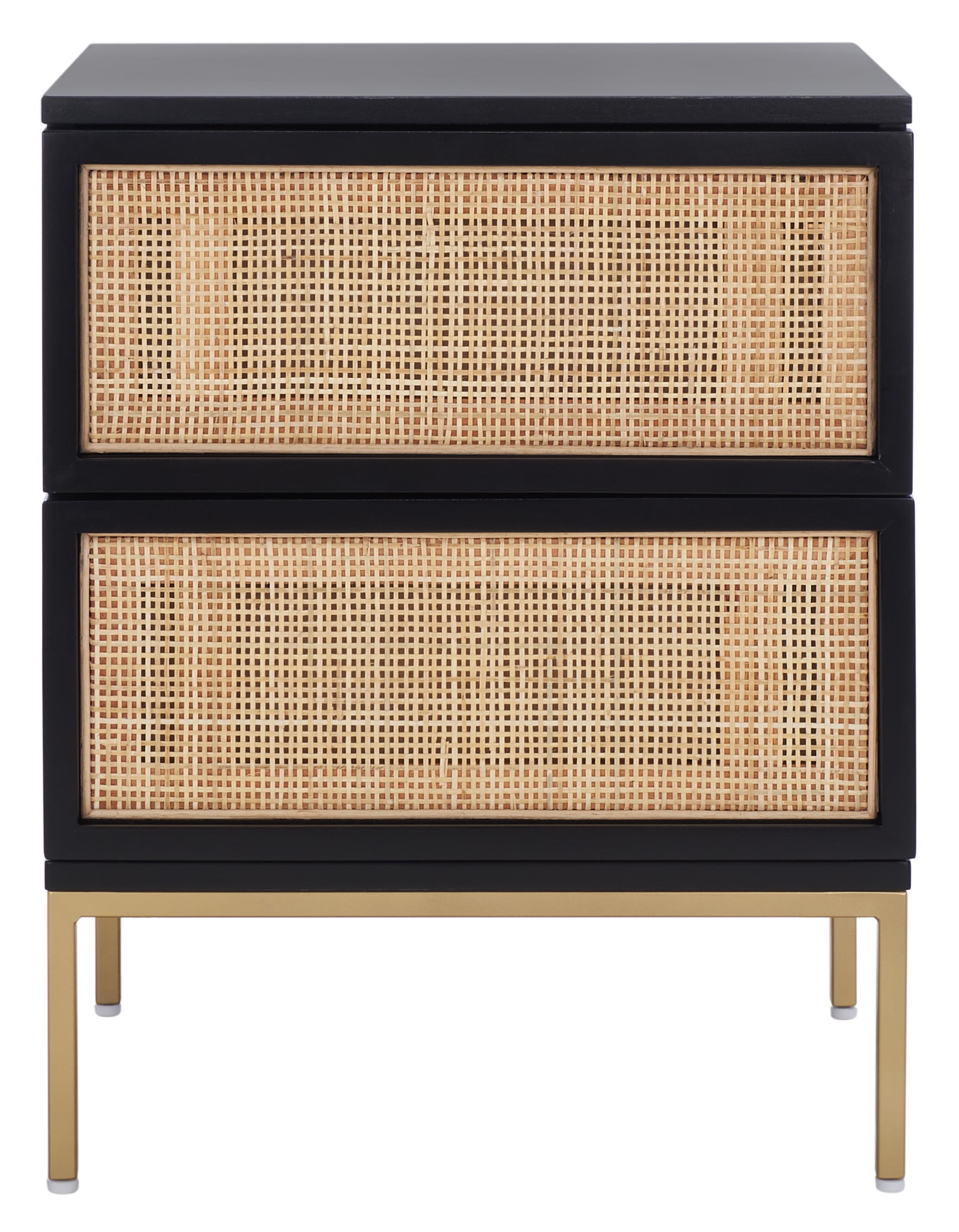 SAFAVIEH Zadie 2 Drawer Rattan Nightstand, Black w/ Natural Rattan/Gold Legs