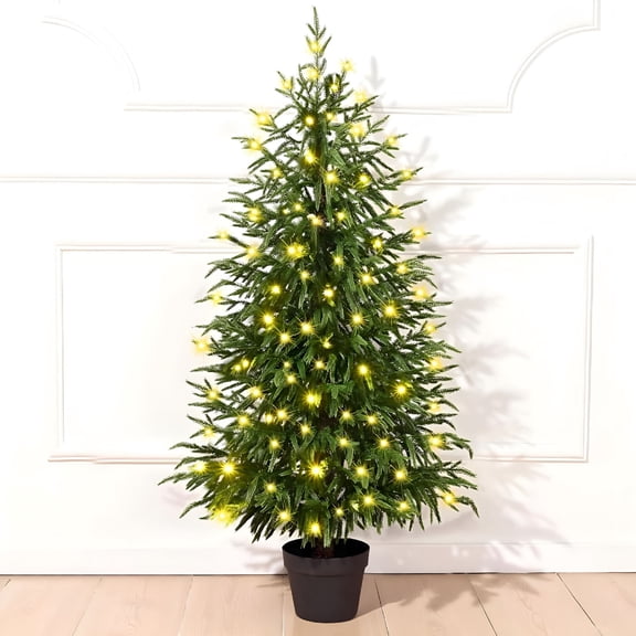 BESTSKY 4Ft Christmas Tree with Lights,Real Touch Norfolk Pine Tree,Artificial Cypress Christmas Tree Potted,Xmas Tree for Indoor Outdoor Home Front Porch Christmas Decorations