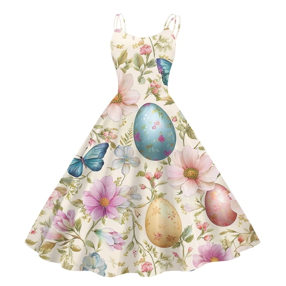 Sleeveless Floral Print Dress with Butterfly and Egg Pattern for Women Vintage A Line Midi Sundress for Spring Summer Beige L