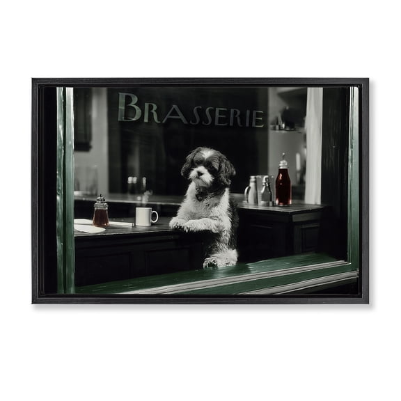Stupell Industries Brasserie Vintage Dog in Window Black Framed Floater Canvas Wall Art, design by Annabelle Hall