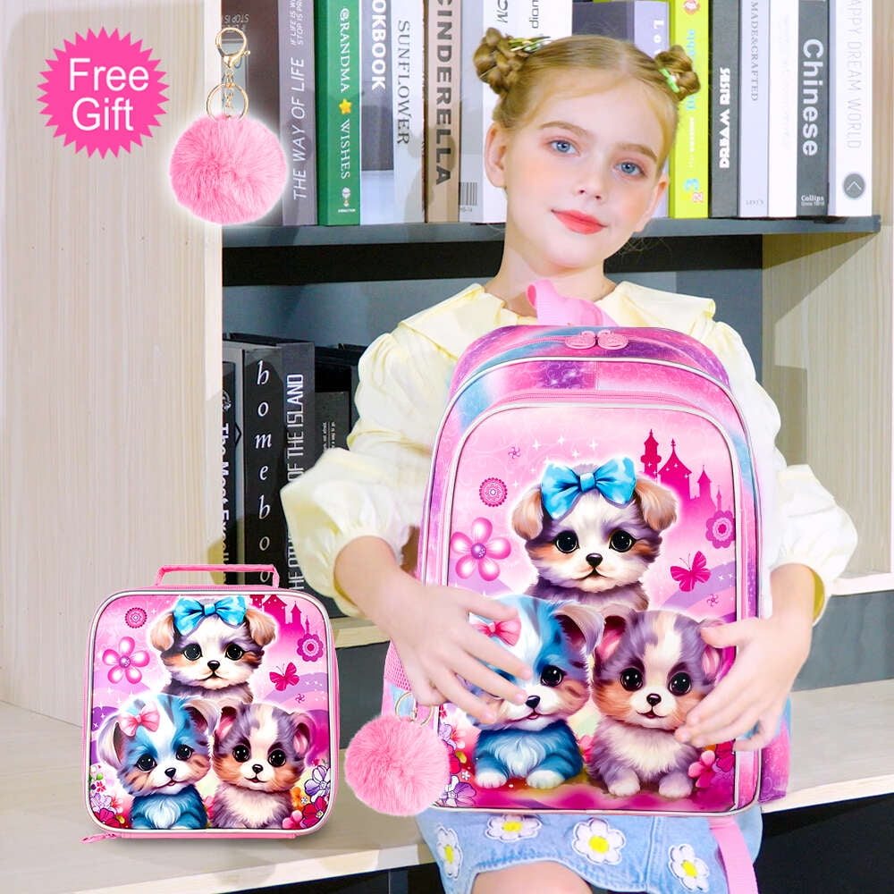AGSDON 3PCS Backpacks for Girls, 16" Elementary Kids Cute Dog Backpack Preschool School Bookbags and Lunch Box