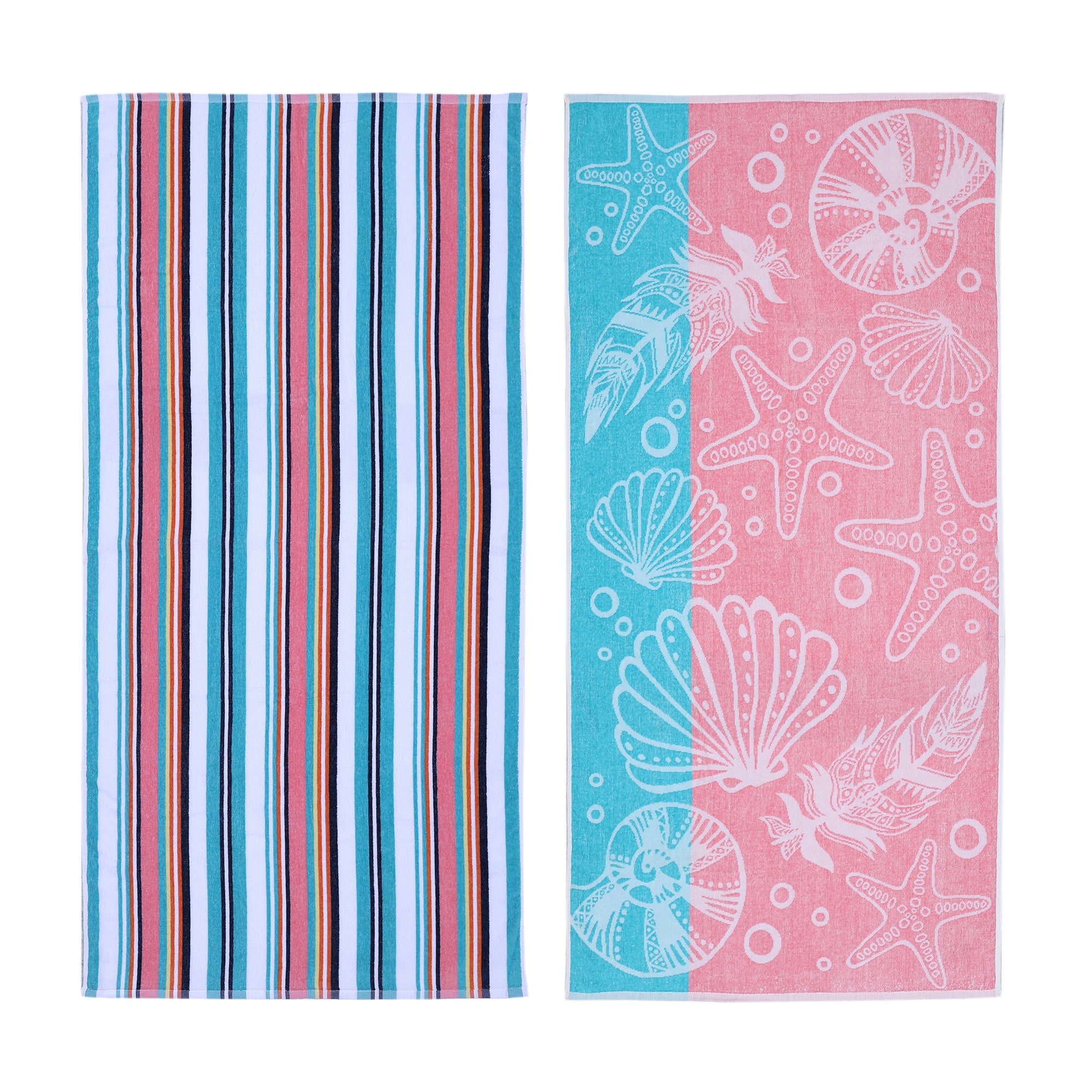 Mainstays Coral Starfish & Stripes Beach Towels 2 Count