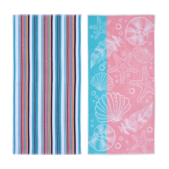 Mainstays 2pk Cotton Beach Towel, 58 x 28 in, Coral Starfish & Stripes