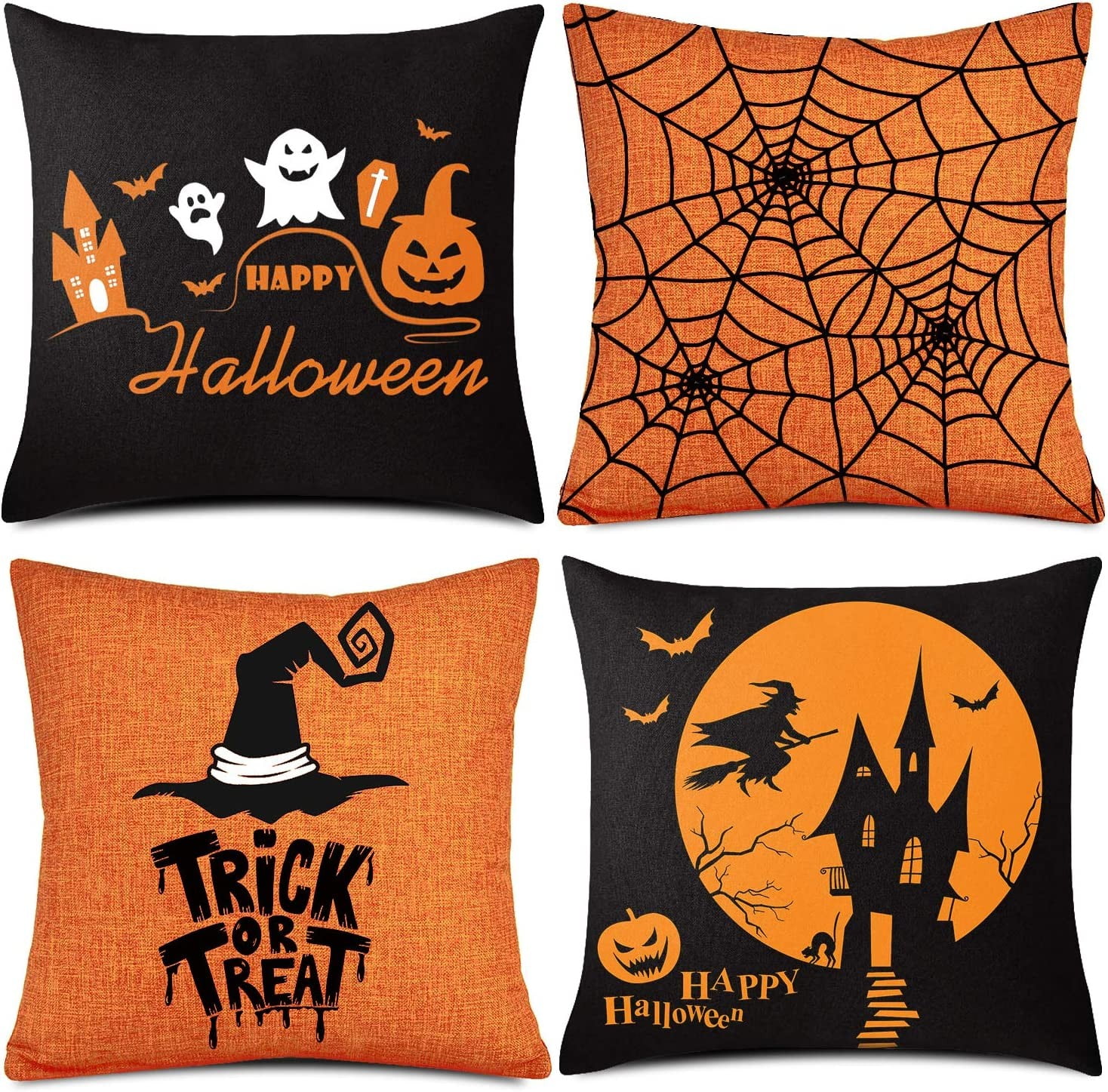 TENCE 4 Pieces Halloween Pillow Case,Halloween Linen Sofa Cushion Cover Decoration