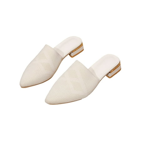 

UKAP Womens Mules Slip On Clogs Backless Flats Lightweight Closed Pointed Toe Slippers Ladies Slides Chunky Heeled Low Heel Beige 7.5