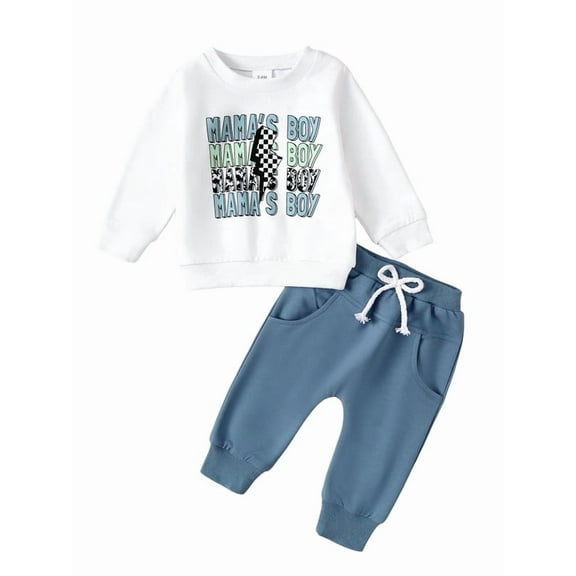 Newborn Baby Boy "Mama's Boy" Letter Printed Long Sleeved Top and Blue Pants Set 2PCs Fall Winter Infant Outfits