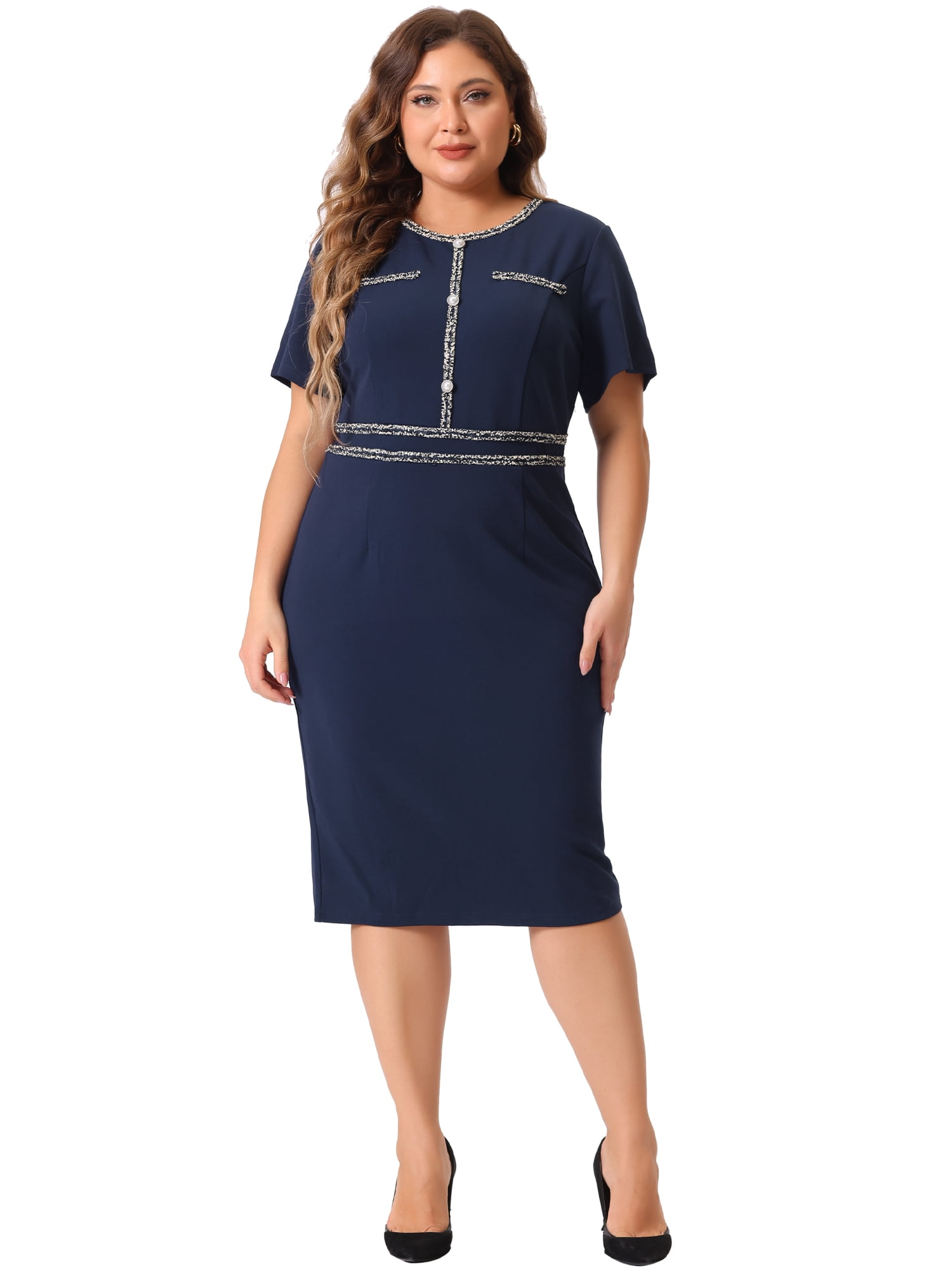 DARING DIVA Plus Size Button Crew Neck Bodycon Pencil Dress 1X Navy Blue