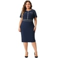 thumbnail image 3 of DARING DIVA Plus Size Button Crew Neck Bodycon Pencil Dress 1X Navy Blue, 3 of 6