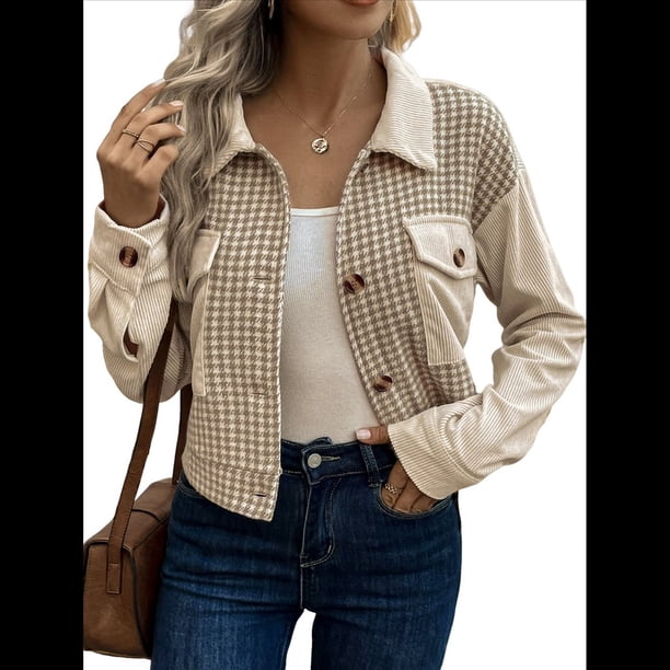 Chaquetas de para Mujer, de Otoño, con Solapa y Botones, de Larga, Estilo Camisa, Abrigos Informales. Caqui S