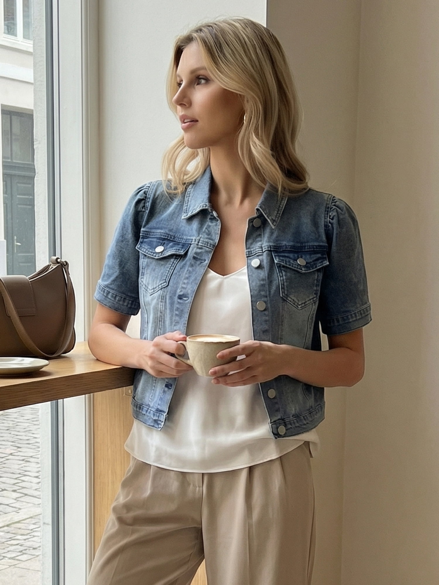 DARING DIVA Women's Jean Jacket Short Puff Sleeves Button-Down Denim Jacket S Gray Blue