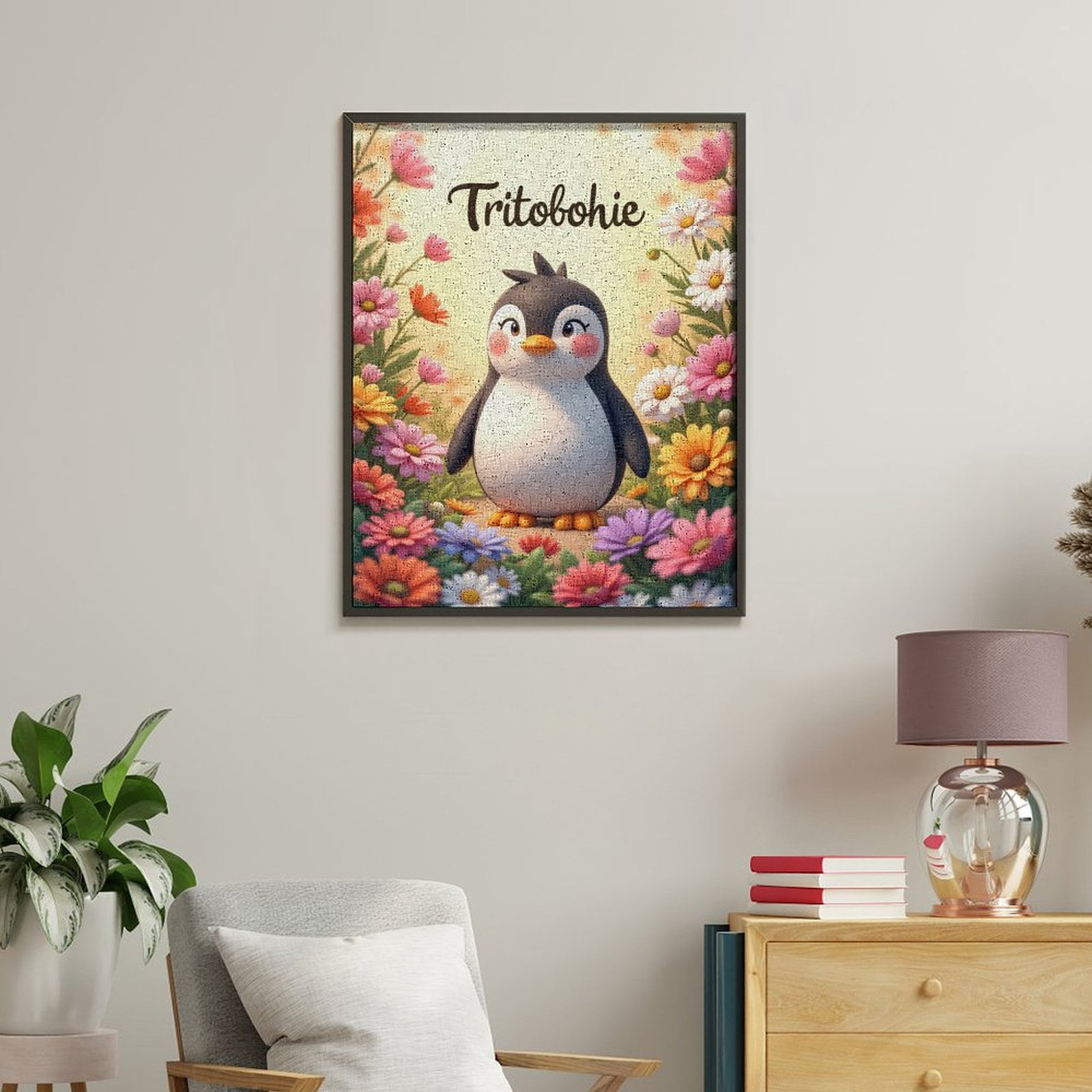 Paint By Numbers Kit for Adults Beginner - DIY Penguin In Colorful Flower Field Canvas Painting Kits for Adults, Frameless Paint By Number for Adults for Home Wall Decor 16x20 Inch