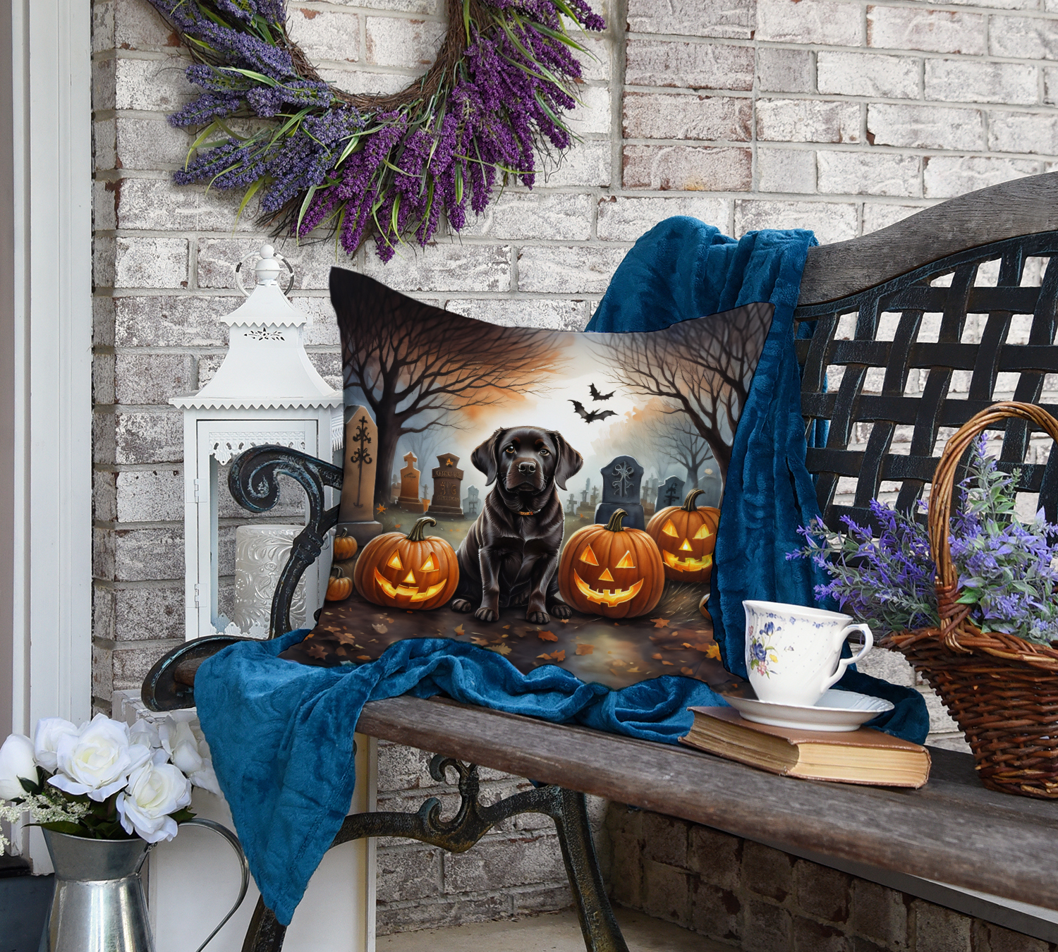 Chocolate Labrador Retriever Spooky Halloween Fabric Decorative Pillow 18 in x 18 in