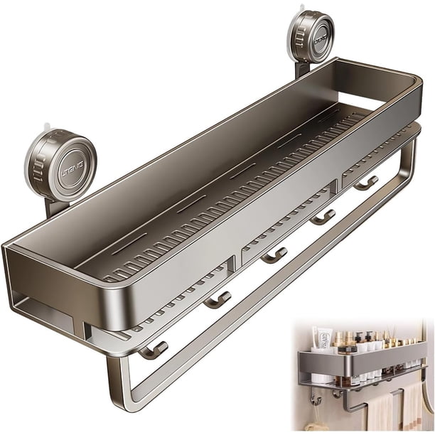 Estanteria Ducha Baño, Organizador Regadera Ducha Acero Carbono de Ventosa Auto-Adhesivo Sin Taladro con 5 Ganchos y 1 Toallero, Repisa de Baño Colgante Pared para Hogar Cocina, Fácil de Instalar