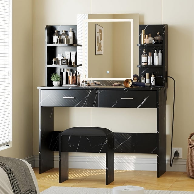 Marble Black Vanity Desk Set with Lighted Mirror & Stool, 3 Color Adjustable Brightness, Built-in Power Outlet, 6 Storage Shelves and 2 Large Drawers, Modern Makeup Dressing Table for Bedroom