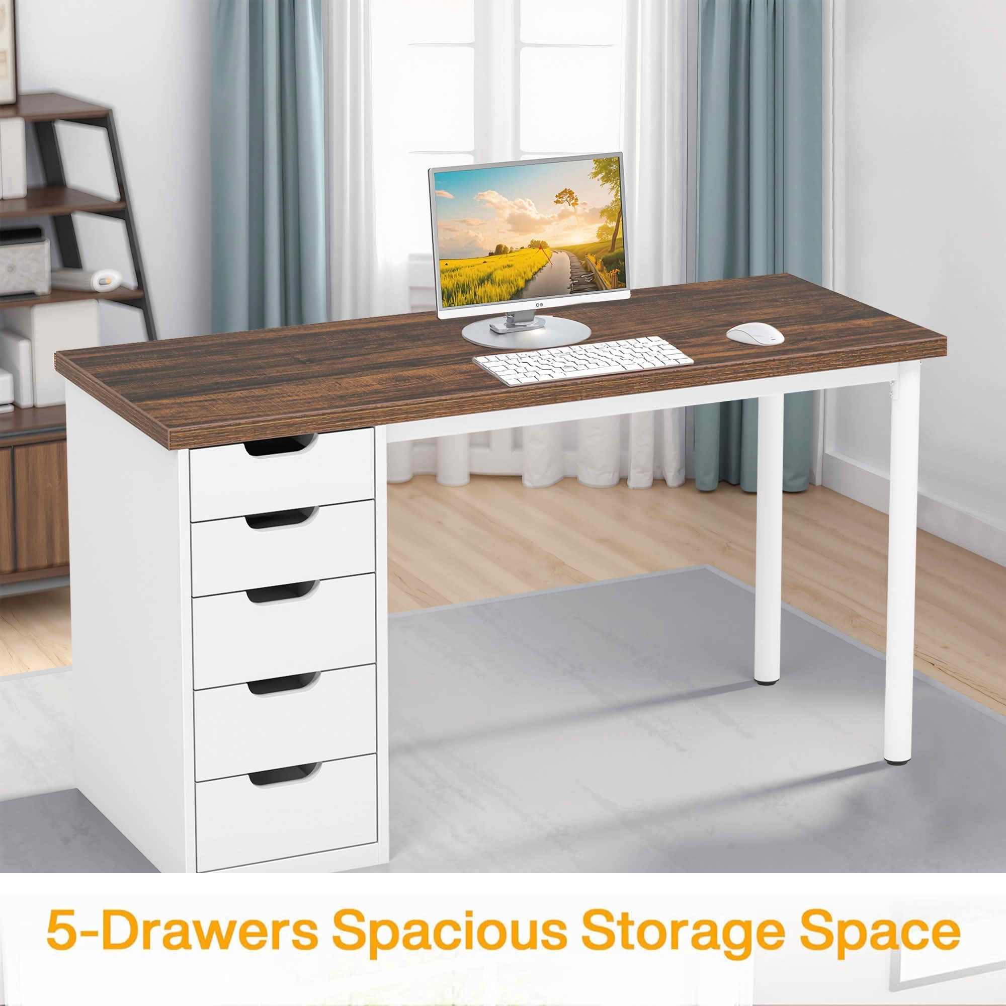 MAYEERTY 47 Inch Modern Computer Desk with 5 Reversible Drawers, Rustic Brown Writing Table for Home Office