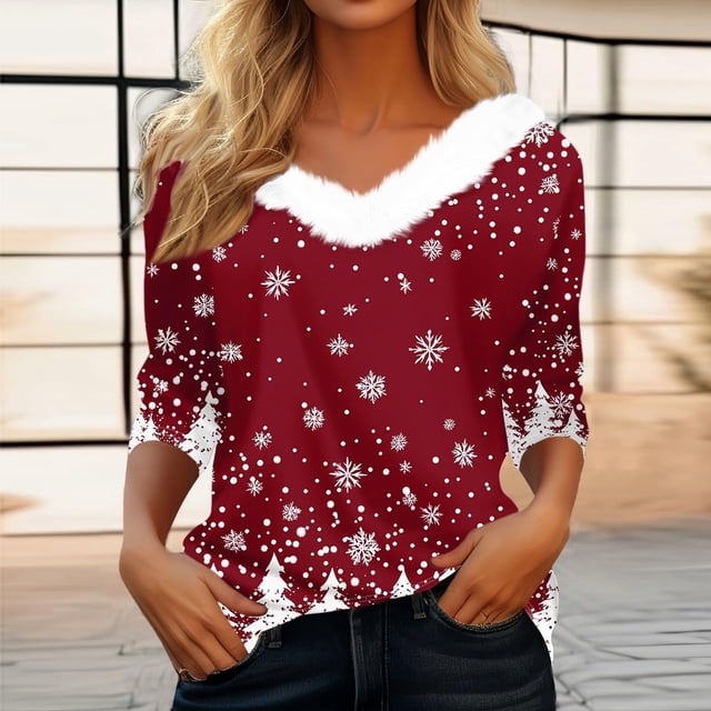 MHFRRA Blusa Estampada de Manga Larga con Cuello Rojo