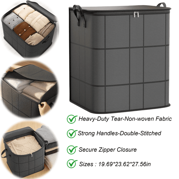 Large Zippered Storage Bin 50*60*70cm for Moving Quilts Bedding Clothes Heavy Duty Non Woven Fabric Organizer with Reinforced Handles Fits Under Bed Closet Storage Unit