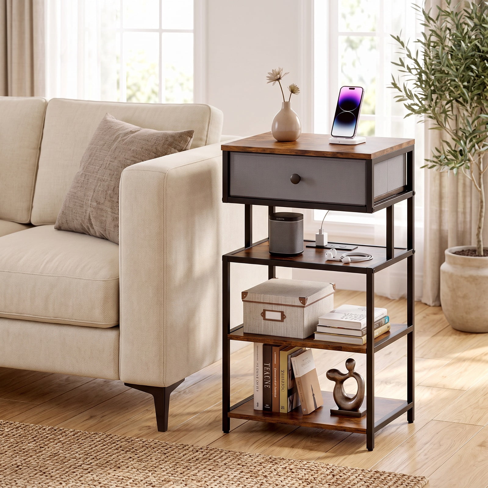 Furnibear Set of 2 Nightstand with Charging Station 28 Inch Tall Bedside Table with Fabric Drawer for Bedroom Living Room Bedside Sofa, Rustic Brown
