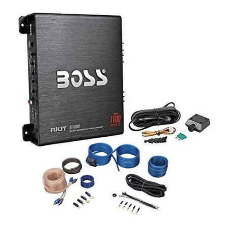 package: boss riot series r1100m monoblock 1100 watt class a/b car audio power amplifier with sub bass remote + rockville rwk10 10 gauge 2 channel complete wire kit with rca cables and anl fuse (10 Best Car Amplifiers)