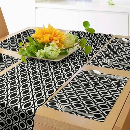 

Ethnic Table Runner & Placemats Simple Ogee Look Oval Motifs Lattice in Monochrome Style Trellis Grid Leaves Set for Dining Table Placemat 4 pcs + Runner 16 x72 Black Off White by Ambesonne