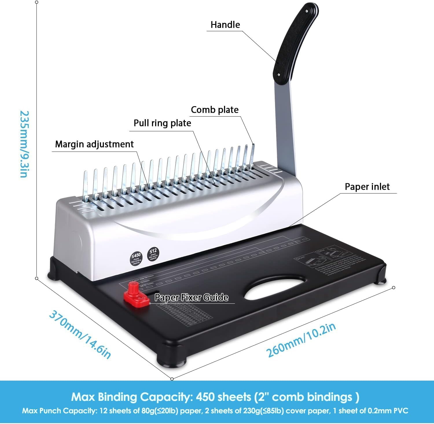 Binding Machine, 21-Hole, 450 Sheets, Comb Binding Machines with 1 Box Comb Bindings Spines