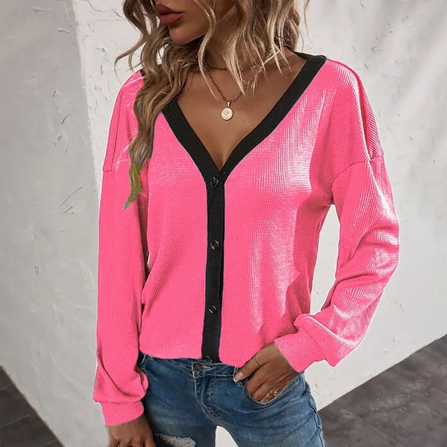 LOVZFMLL Cardigan pour Femmes Mode Décontractée Assorti de Couleurs Cardigan à Boutons Manches Longues Blouse