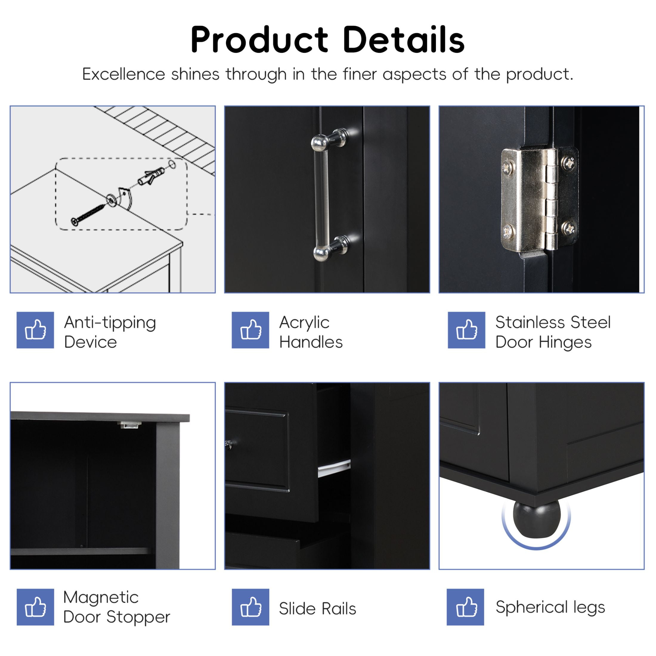 DEALTOPS Tall Spacious Storage Cabinet with 2 Drawers and Adjustable Shelves, Black