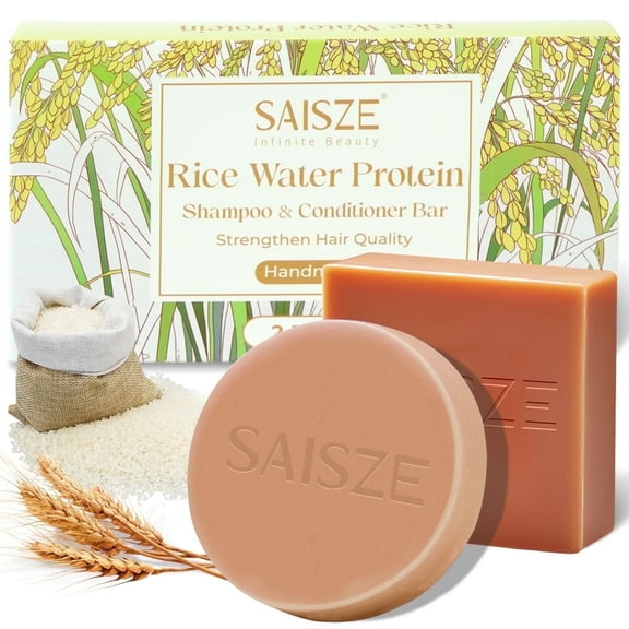 SAISZE Rice Water Shampoo & Conditioner Bar Set, 2 Pcs Handmade Natural Shampoo & Conditioner Soap for Hair Strengthening and Thickening, Clarifying