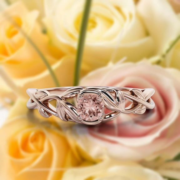 Boho & hippie 0.50 Carat Round Cut Morganite And Diamond Moissanite Leaf Inspired Engagement Ring, Wedding Ring in 925 Sterling Silver With 18k Rose Gold Plating Promise Ring, Anniversary Ring
